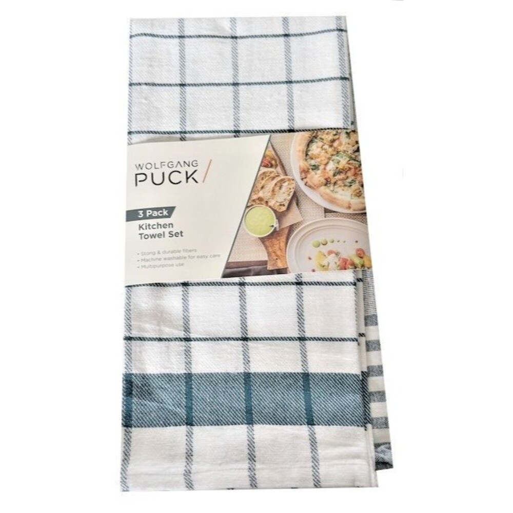 Wolfgang Puck Kitchen Dish Towels Blue White Plaid Stripe 100% Cotton Set of 3